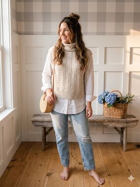 Ruby Moon Cream Cable Knit Sleeveless Turtleneck Sweater Medium